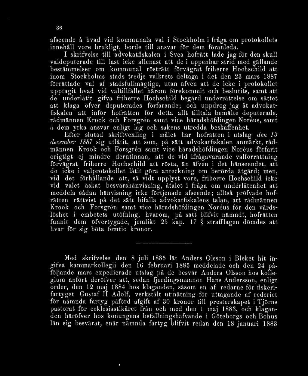 Hochschild att inom Stockholms stads tredje valkrets deltaga i det den 23 mars 1887 förrättade val af stadsfullmägtige, utan äfven att de icke i protokollet upptagit hvad vid valtillfället härom