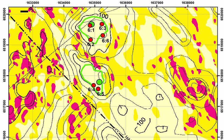 Figur 7. Område 6a och 6b utmärkt på maringeologiska kartan för Nynäshamn tillsammans med djupdata från 1991 från sjöfartsverkets arkiv.