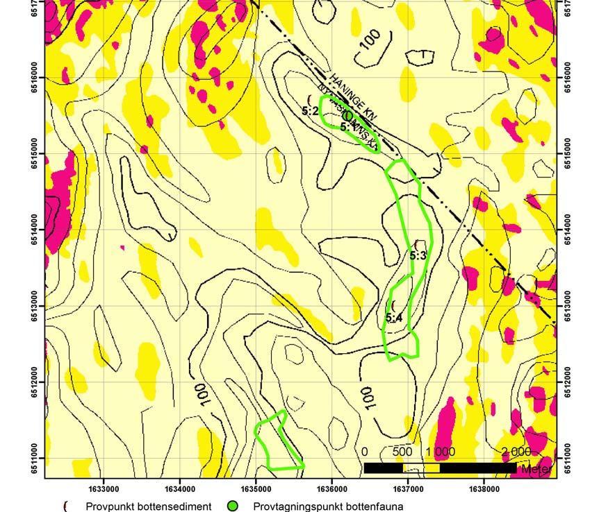 Figur 3. Tänkbara tippområden 5a, 5b och 5c inom område 5 på maringeologiska kartan Nynäshamn 9I i området ost och sydväst om Gunnarstenarna.