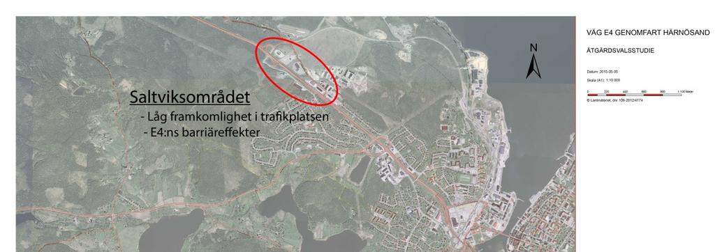 Figur 2. Sammanfattande problembild. Det är två geografiska områden som sticker ut som mer problemfyllda. Det är dels Saltviksområdet och sträckan Södra vägen se karta i figur 2.