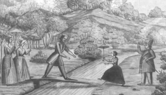 Jean Abrahams son Fredrik Wilhelm Grill med hustru och dotter, guvernant och kavaljer på promenad i Godegårdsparken. Akvarell från 1844 av kavaljeren på spången, Antoine Pratté.