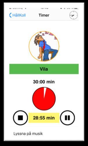 Tryck på Klar längts upp till höger När du startat timer så visas bilden högst upp. Den valda bilden som kan förstoras vid tryck. En rubrik med vald kulör förtydligar.