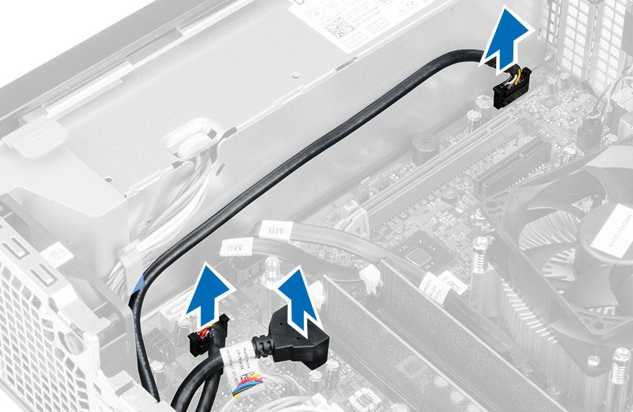 Installera strömbrytaren 1. Skjut in strömbrytaren genom datorns framsida. 2. Anslut strömbrytarkabeln till moderkortet. 3. Installera: a. enhetslådan b. optisk enhet c. frontramen d. kåpan 4.