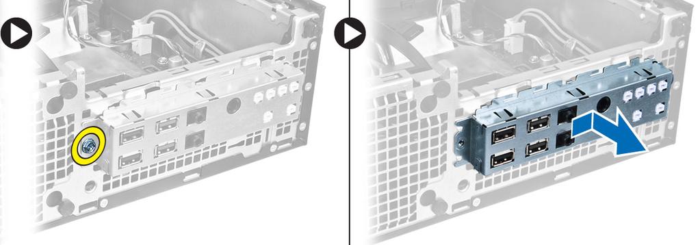 Installera I/O-panelen (indata/utdata) 1. Sätt i I/O-panelen i kortplatsen på chassits framsida. 2. Skjut I/O-panelen åt sida för att säkra den till chassit. 3.
