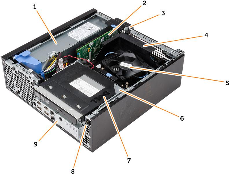 8. strömkabelkontakt 9. tangentbordskontakt 10. USB 2.0-kontakt 11. display port-kontakt 12. USB 3.0-kontakt 13. VGA-kontakt 14. linjeingång eller mikrofonkontakt 15.