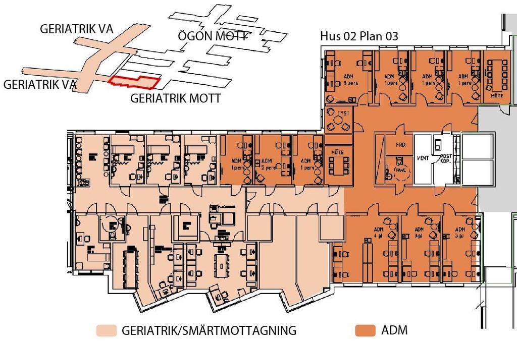 20 Geriatrik- och smärtmottagning Nuvarande förutsättningar och behov Geriatrik- och smärtmottagningen är en mindre mottagning som i dagsläget ligger på plan 2 i hus 1.