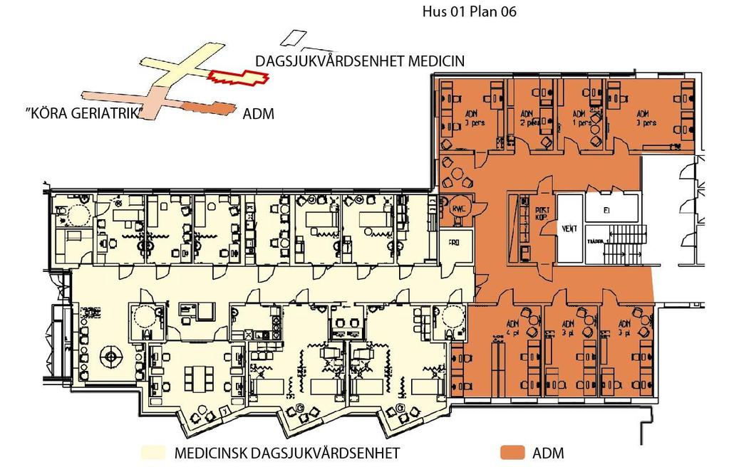 29 Bild 4 - Föreslagen planskiss över dagsjukvårdsenheten Hus 1 plan 6 Övriga mottagningar som kan komma att inrymmas i hus 1 och 2 Öron Näsa Hals (ÖNH) ÖNH har tidigare funnits på sjukhuset