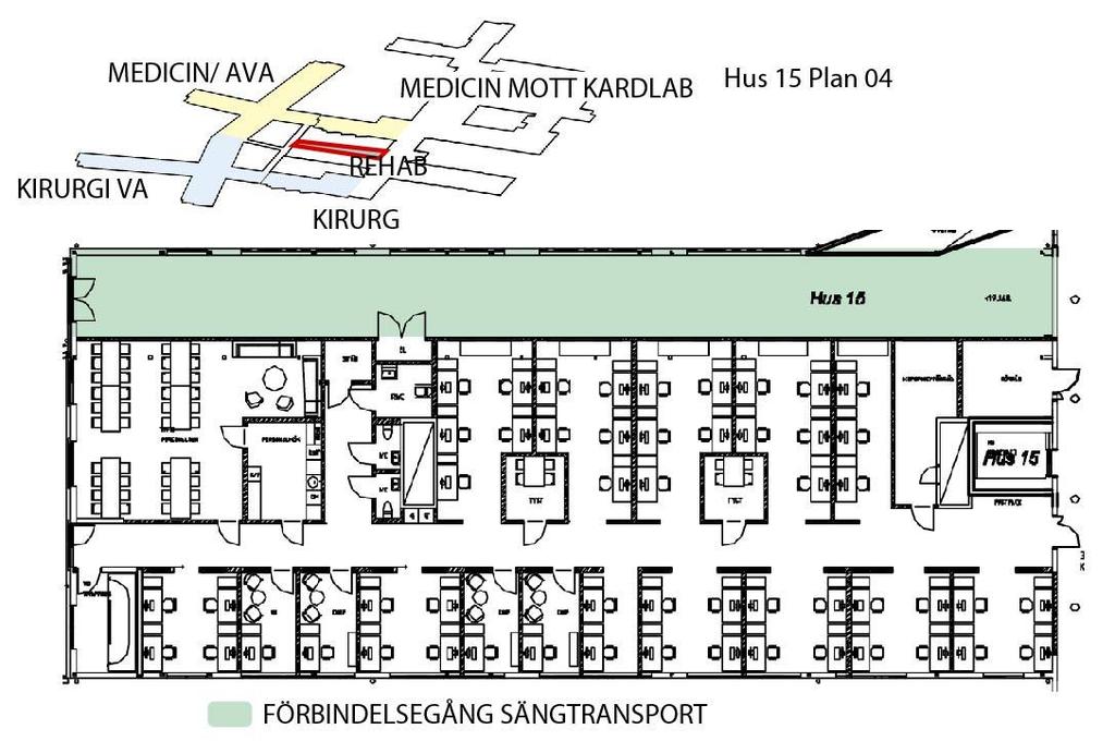 32 Bild 14 Förbindelsegång för sängtransport. Hus 15 plan 04 Servicefunktioner i kulvertplan Som en ytterligare följd av KÖRA krävs utökad yta för ett antal servicefunktioner.