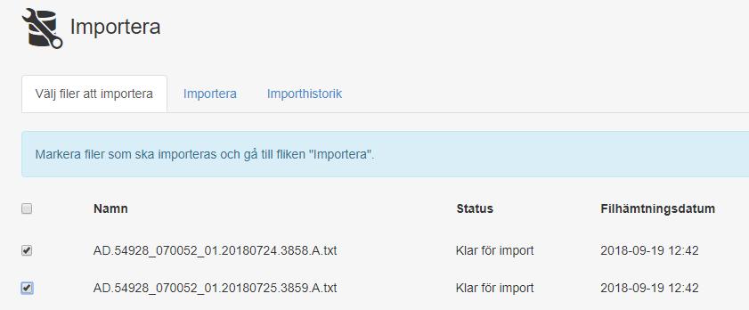 Import För att importera en fastighetsfil så tryck på Ikonen Importera (GEOSECMA > Moduler > Fastighet) Importen består av tre flikar: Välj filer att importera, Importera samt Importhistorik.