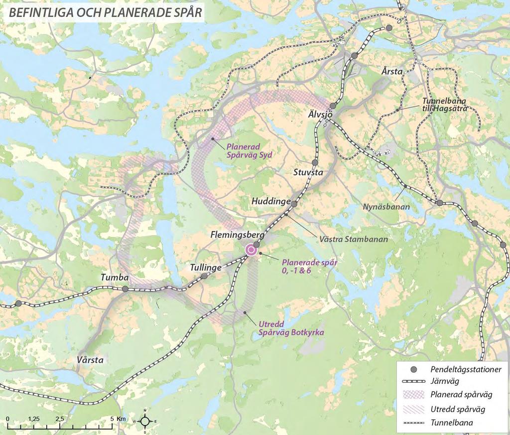 Figur 2. Karta över befintliga och planerade spår i stråket väg 226. En ungefärlig sträckning illustreras för Spårväg syd då en exakt sträckning ännu inte är fastställd.