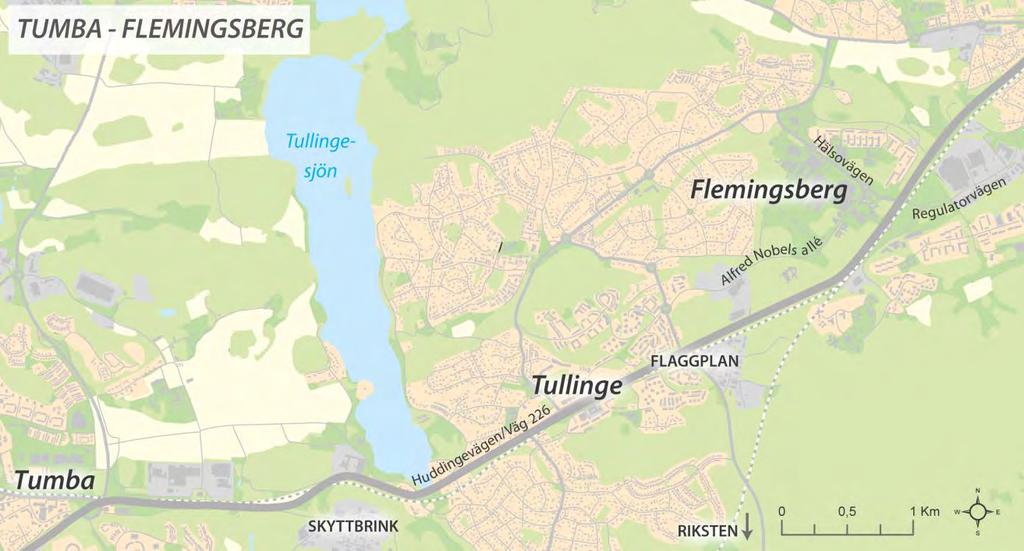 3.6 Delsträcka 2, Tumba Flemingsberg Delsträcka 2, stråket väg 226 mellan Tumba och Flemingsberg genom Tullinge, illustreras i figur 11. Figur 11. Karta över delsträcka 2.