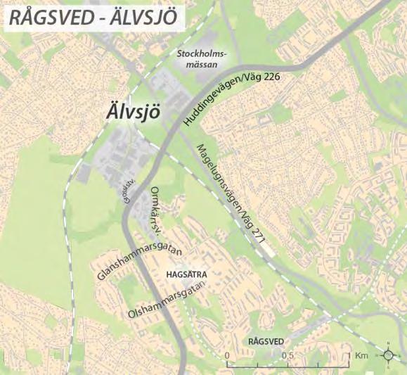 3.9 Delsträcka 5, Rågsvedsvägen Älvsjö Delsträcka 5, stråket väg 226 mellan Rågsvedsvägen och Älvsjö, illustreras i figur 14. Figur 14. Karta över delsträcka 5.