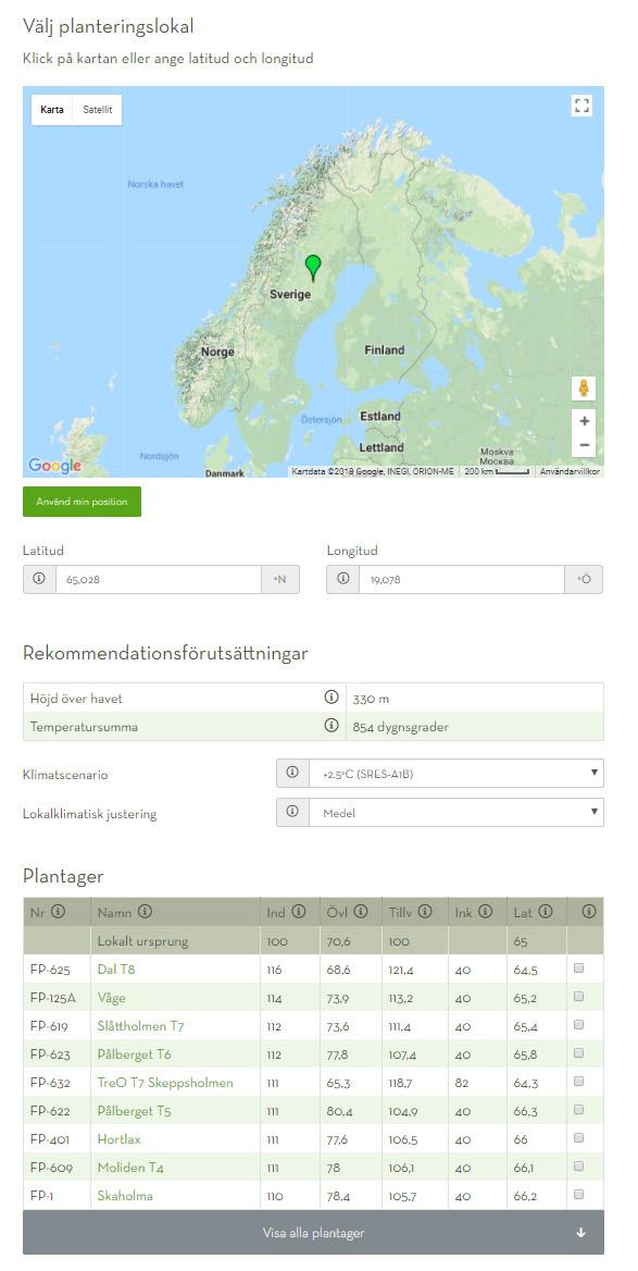 Plantvals webbtjänst finns publik på Skogforsks webbplats, där man via en interaktiv karta eller angivelse av koordinater kan hitta information om vilket plantmaterial som lämpar sig bäst att använda