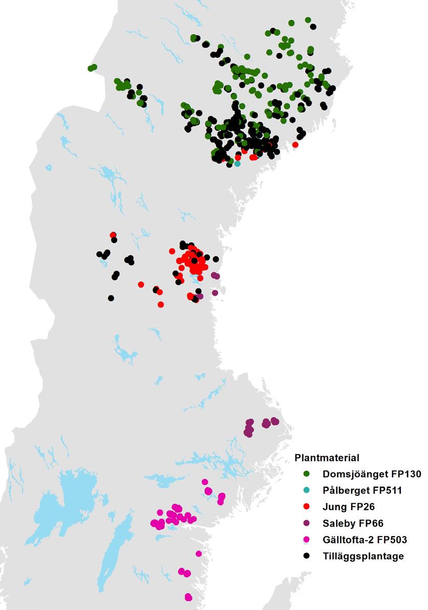 Figur 9. Tilldelning av plantmaterial för gran vid fri optimering. Figure 9. Distribution of Norway spruce regeneration material at free optimisation. Figur 1.
