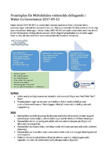 Tre arbetsområden: 1. Intern dialog Projektplan 2017-2019 2. Extern dialog (särskilt gentemot kommunerna) 3. Åtgärder (I första hand få andra att göra dessa) Fem arbetsgrupper: 1.