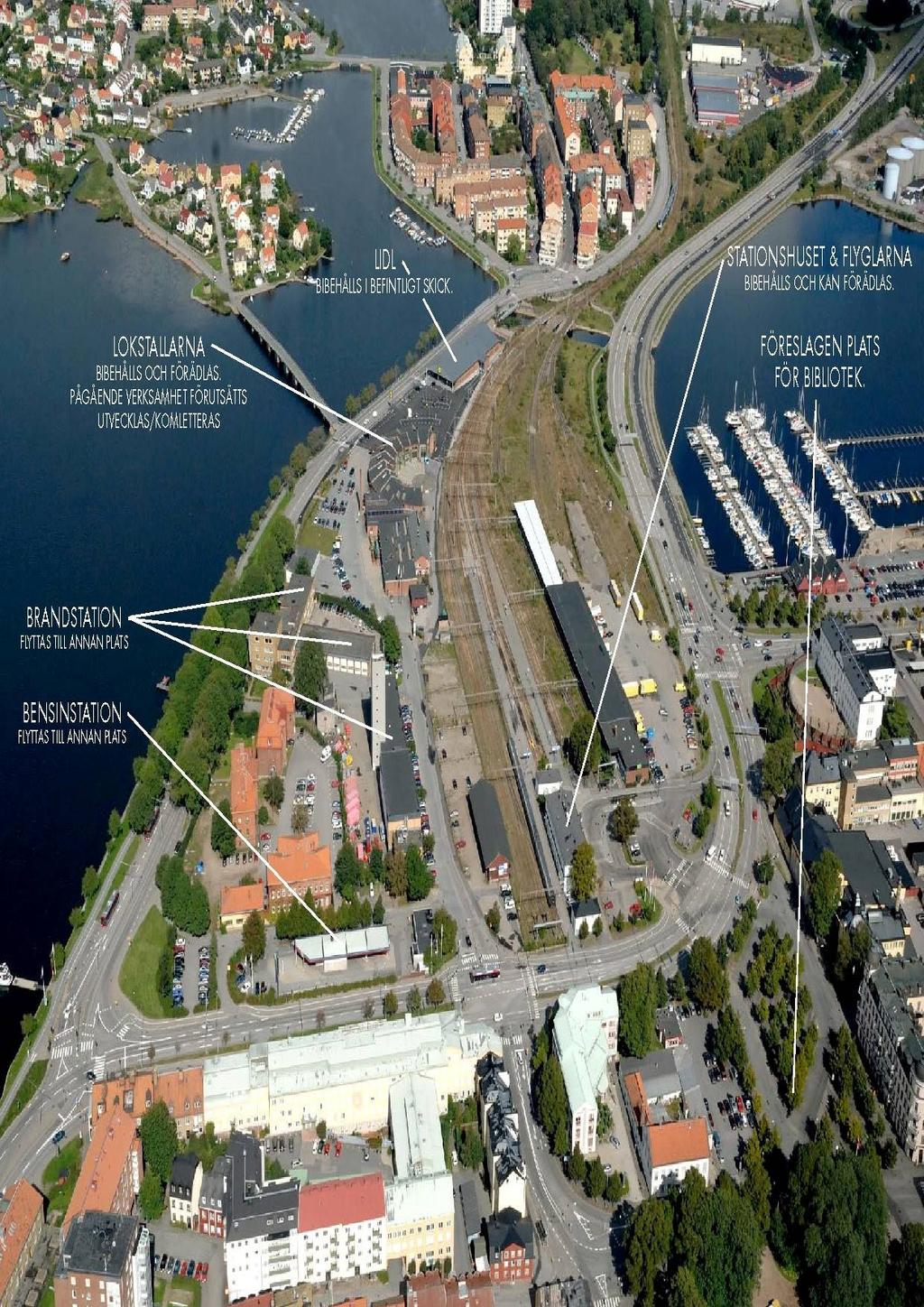 Stationen och dess flyglar, Lokstallarna och butiksbyggnaden Lidl föreslås bevaras. Brandstationen föreslås omlokaliseras till Oskarsvärn. Strandgården föreslås rivas.