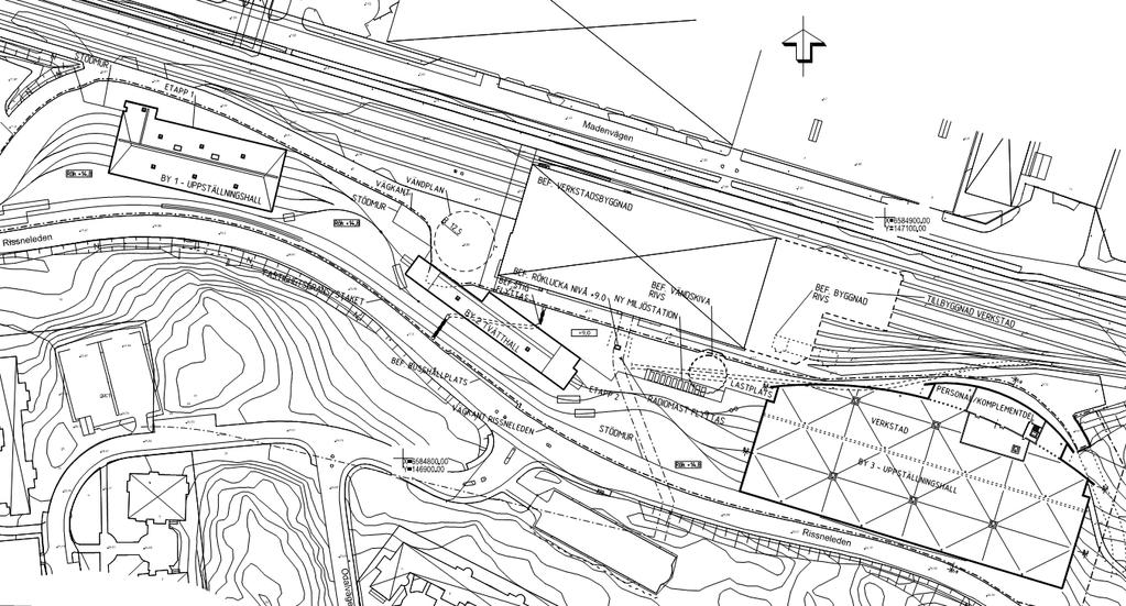 Figur 2.2. Situationsplan Rissnedepån (Sweco, granskningshandling 2016-06-22). Planområdet ligger i nivå med tunnelbanedepån norr om området.