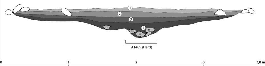 Fig. 5. Anläggning 1467. Lager 1 (det övre lagret) bestod av grusig grå sand och enstaka slagna flintor och keramik. Lager 2 bestod av ett kulturlager med något humös, sotig, grusinblandad sand.