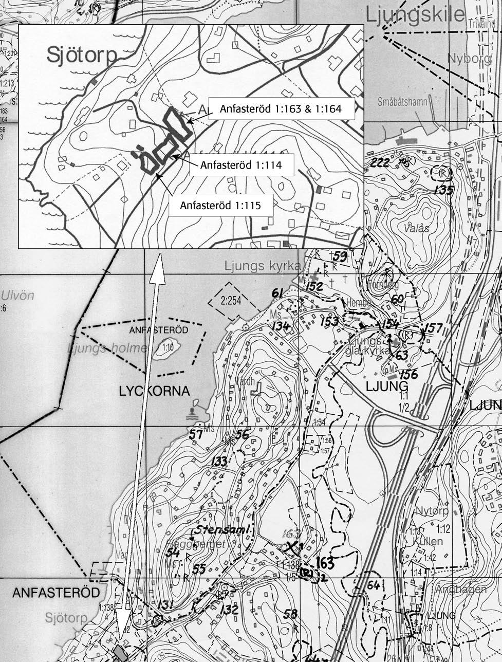 0 500 m Fig. 3. Utsnitt ur Fastighetskartan, blad 8B 2e Ljungkile, med undersökningsområdet markerat. Skala 1:10 000.