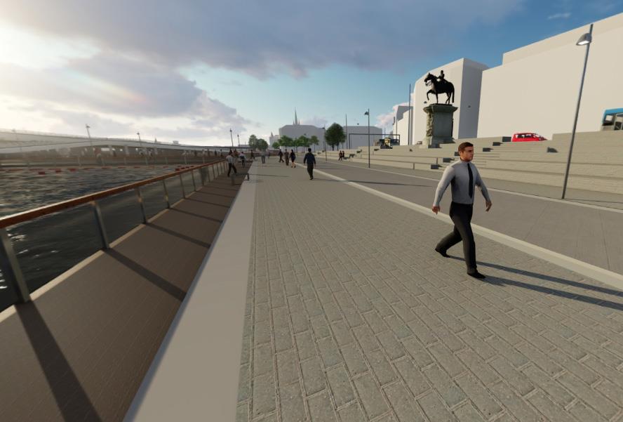 Figur 8.8 Virtuell bild på Norra Slusskajen tittande mot Munkbrokajen. Dubbelriktad cykelbana till höger om gångbanan. (ELU, 2017