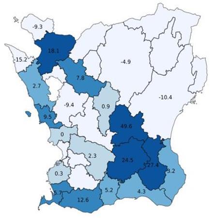 5 Positiv utveckling i 16 skånska kommuner Bland Skånes kommuner hade 16 kommuner en positiv utveckling av gästnätter under jan-sep 2017 medan 5 backade och 10 kommuner hade för få anläggningar för