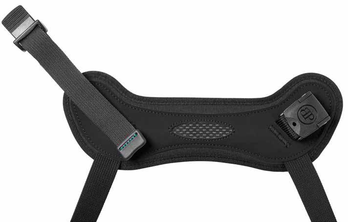 Mjukare skrynkelfritt kantband i CORDURA-textil för att skydda huden. Ergospänne Nytt Ergospänne. Låg profil. Lätt att använda.