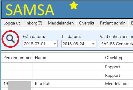 Loggar Speciell behörighet krävs för att kunna välja menyvalet Loggar och ger användaren möjlighet att söka i historiken och få fram information om användare/patienter och vad användare har gjort i