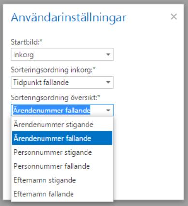 Tidpunkt stigande Tidpunkt fallande Ärendenummer stigande Ärendenummer fallande Personnummer stigande Personnummer fallande Efternamn stigande Efternamn fallande Om annan sorteringsordning än