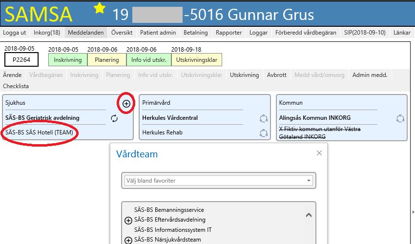 Vårdplaneringsteam Vårdplaneringsteam läggs till på ärendenivå av sjukhuspart genom att trycka på plustecknet och välja Vårdteam i listan.