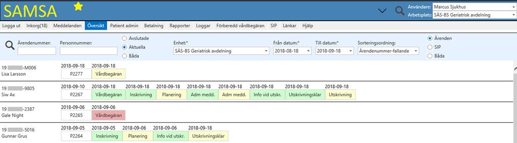 Översikt Denna vy används som en överblick över enhetens alla aktuella eller avslutade ärenden samt deras SIPar.