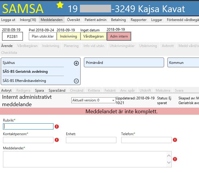 Internt administrativt meddelande har en svarsfunktion där parterna kan Svara direkt på meddelandet vilket görs genom att fylla i dialogrutan, vid val av Svara.