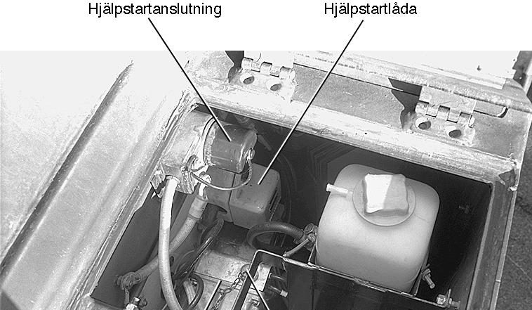 Hjälpstartanslutningar och underhållsladdning För att man skall kunna starta vagnen även om batterierna är urladdade finns det en hjälpstartlåda och en hjälpstartanslutning.