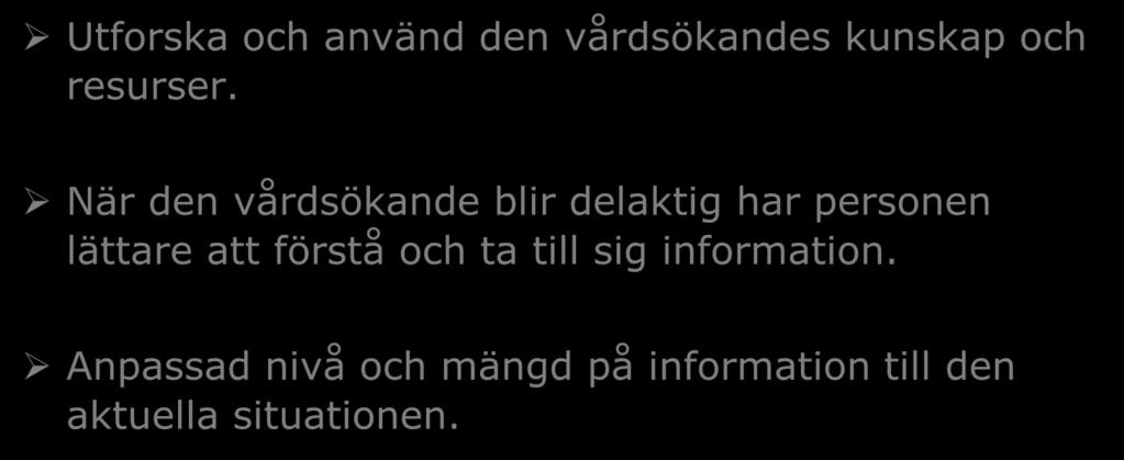 Få den vårdsökande att bli aktiv när du ger råd Utforska och använd den vårdsökandes kunskap och resurser.