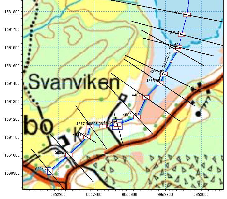 4 078 4 807 4 609 5 082 Figur 4. Sektioner av särskilt intresse. Kalibrering av modellen har gjorts med hjälp av inmätningar av nivåerna i Vansjön och vid Svanviken under åren 1996/1997 (7).