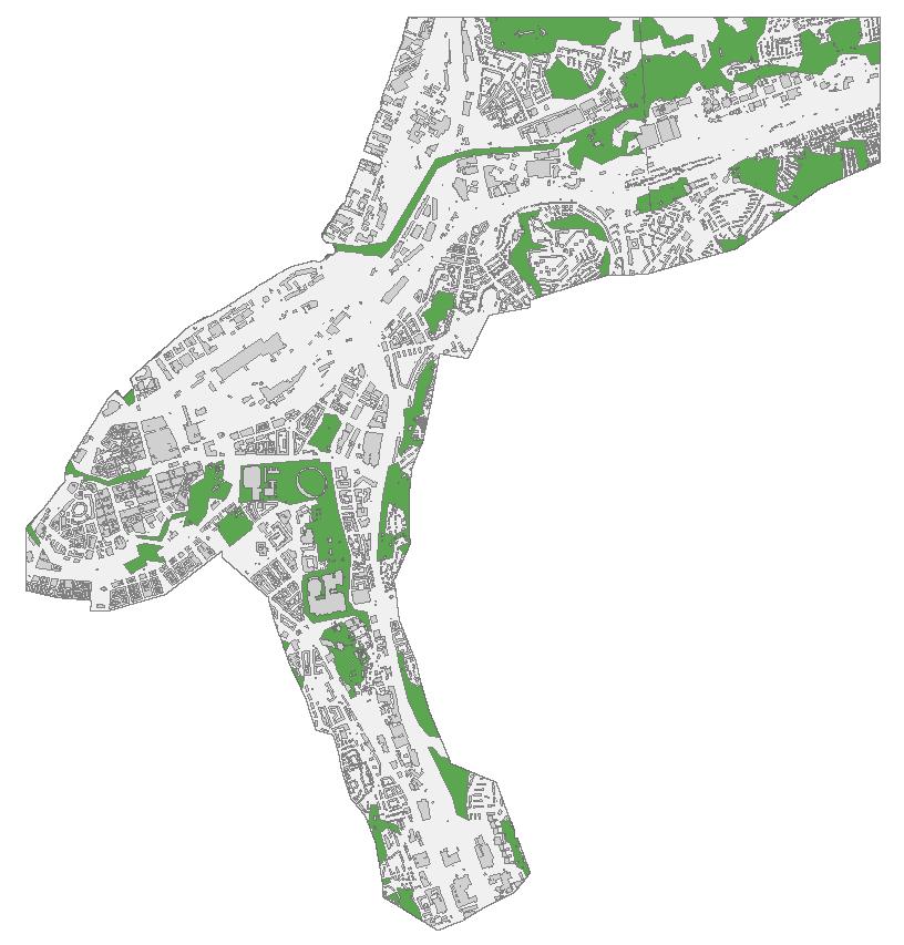 Simuleringsuppdrag 2a 7 av 29 Figur 6 Översikt av markanvändning i Område B. Naturyta är markerat med grön färg, byggnader är markerat med mörkgrå färg och hårdgjord yta är markerat med ljusgrå färg.