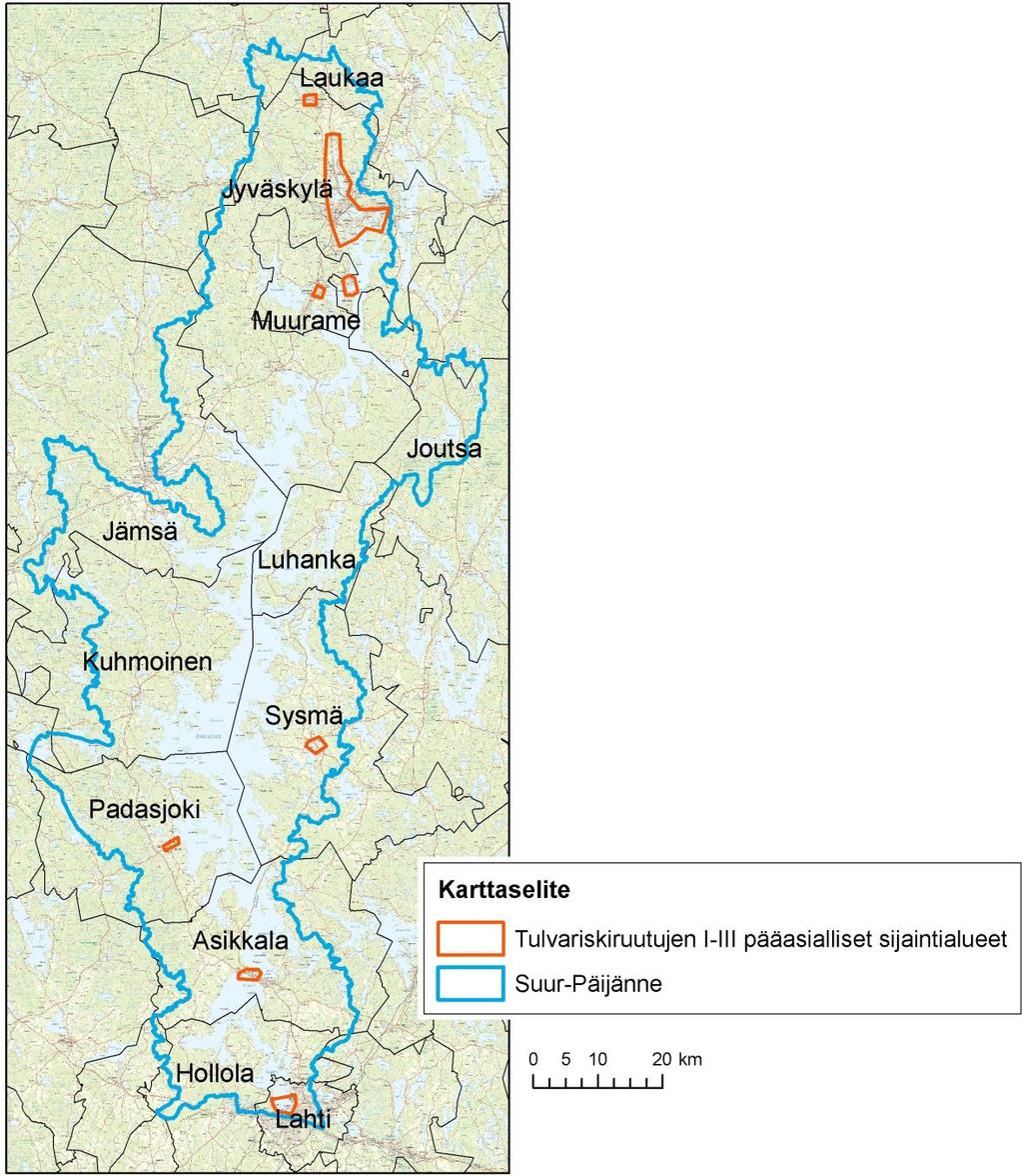 Bild 55. Huvudsaklig placering av områden med översvämningsrisk och riskrutor för översvämning i klass I-III i området vid Stor-Päijänne.