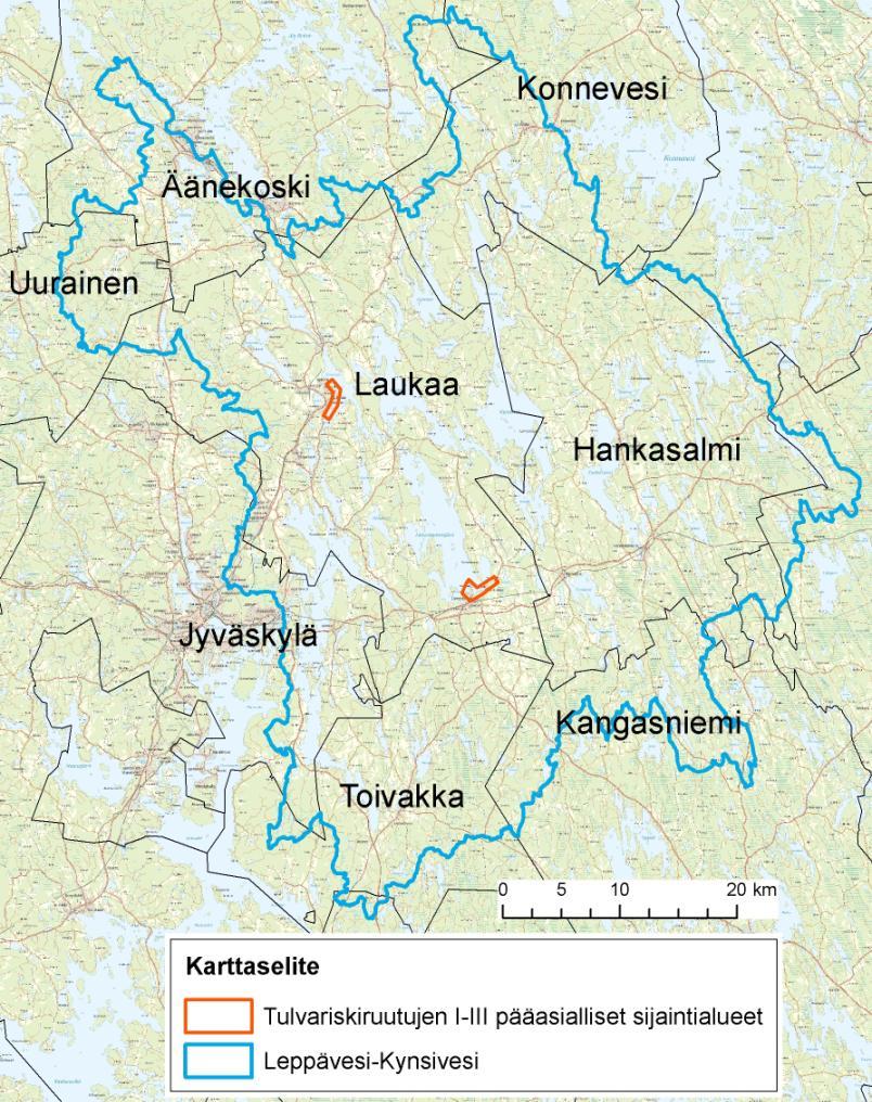 SYKE; Affecto Finland Oy, Karttakeskus, Lupa L4659 Bild 57. Huvudsaklig placering av riskrutor för översvämningar som har riskklass III i området vid Leppävesi-Kynsivesi.