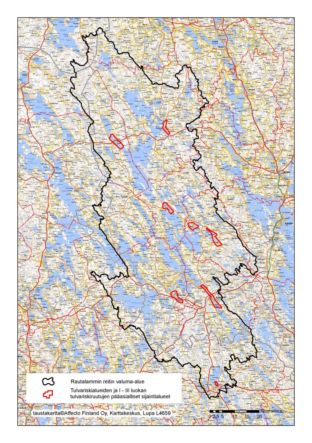 Bild 61. Huvudsaklig placering av områden med översvämningsrisk och riskrutor för översvämning i klass III vid Rautalampi-leden.
