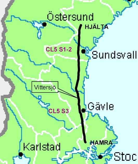 15 Figur 2.1. Översiktskarta över ledningen CL5 S1-7 Hjälta Hamra. I Gävleborgs län berör ledningen Nordanstigs, Hudiksvalls, Söderhamns, Ockelbo och Gävle kommuner.