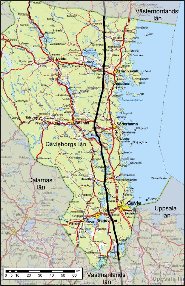 Ledningen går i stort sett i nord-sydlig riktning och sträcker sig vidare ner genom Hudiksvalls kommun där den löper strax öster om de båda sjöarna Nordellen och Sördellen.