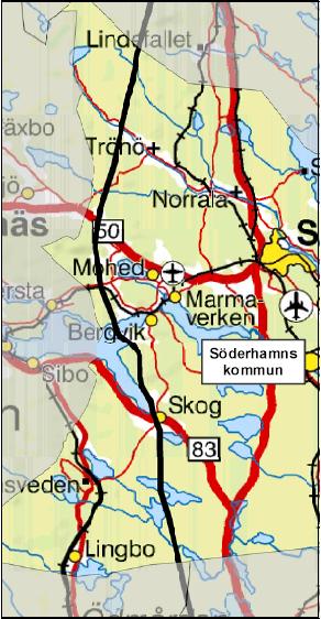 46 6.3 SÖDERHAMNS KOMMUN 6.3.1 LEDNINGEN I LANDSKAPET Smalsjön samt några vikar av sjön Bergviken. Längre söderut korsar ledningen över Bastnässjön och Tönnångerssjön.