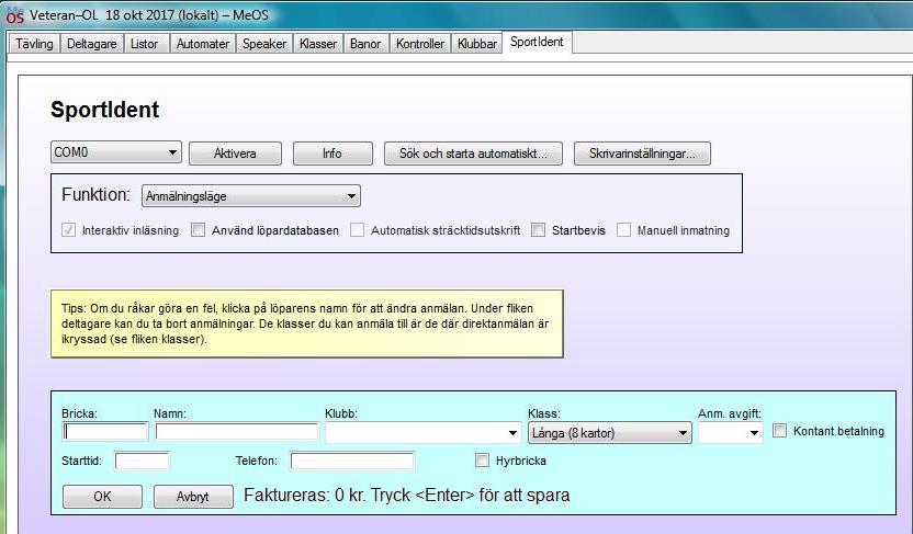 Tidtagningsprogram (OLA, MeOS m fl) Sköter tidtagningen under