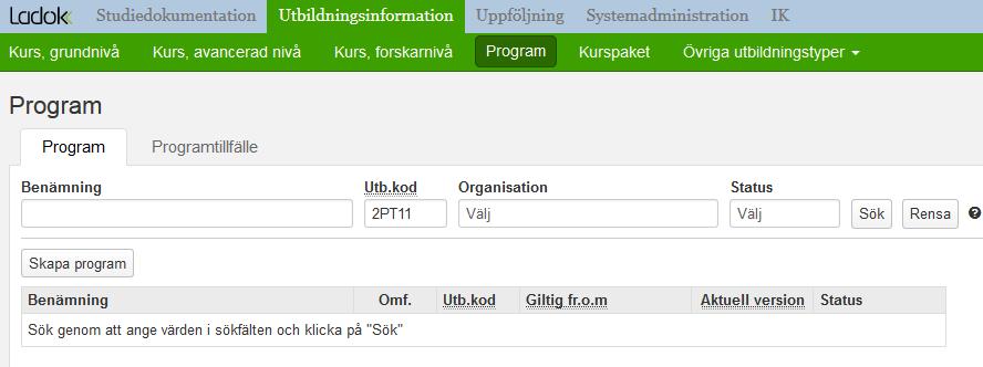 Program med inriktning Gå till fliken Program i Utbildningsinformation