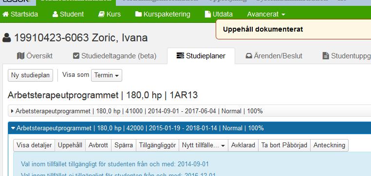 Du kommer då tillbaka till fliken Studieplaner och information