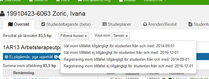 I fliken Översikt visas programtillfället som Ej pågående när fr