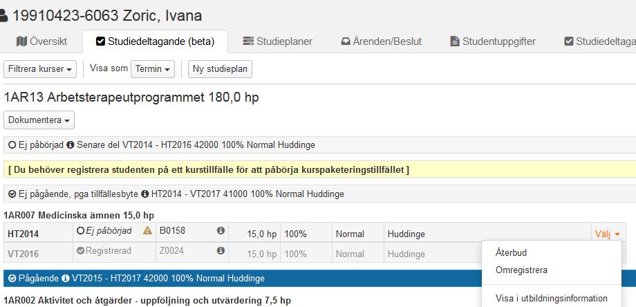 Kursen har nu hamnat inom studentens nya programtillfälle i fliken Studieplaner (beta) Det går nu att omregistrera studenten, för den som har den