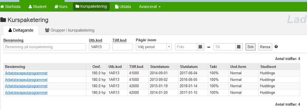 Sök fram programmet via benämning eller utbildningskod, klicka på Sök. Då visas de tillfällen som programmet har.