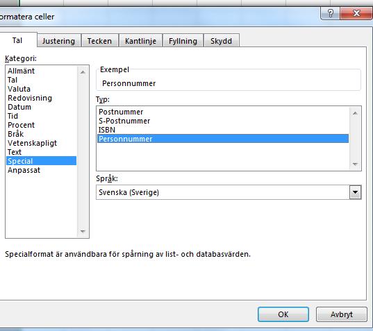 Välj Special och Personnummer