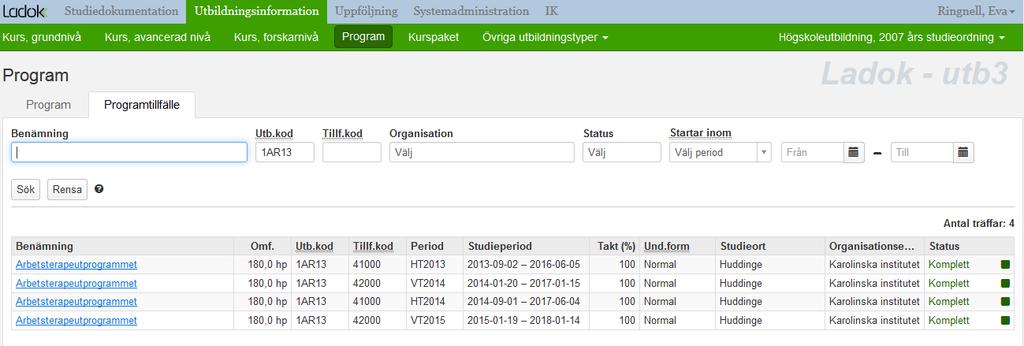 För att se strukturen för ett tillfälle, klicka på