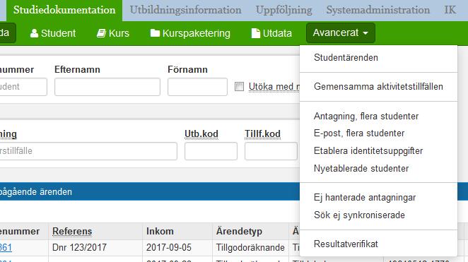 För att anta studenterna till kurser inom program där det har gjorts ett urval Gå till fliken